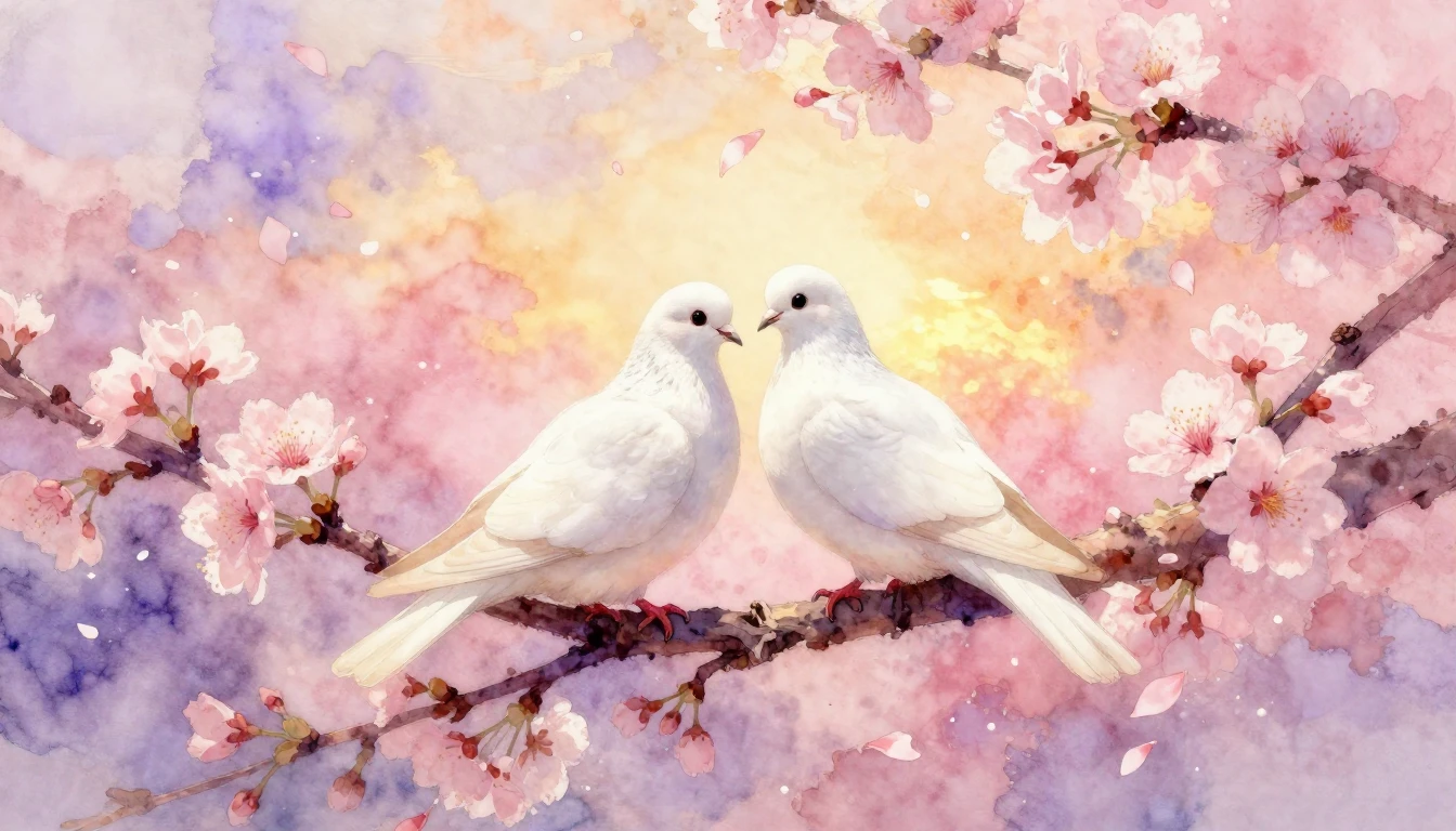 A soft, romantic watercolor painting depicting two white dov...