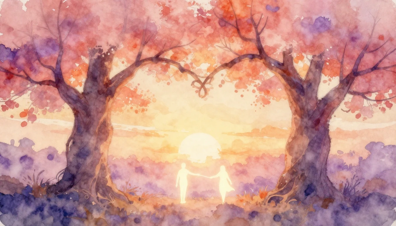 A soft and dreamy watercolor painting depicting two large, a...