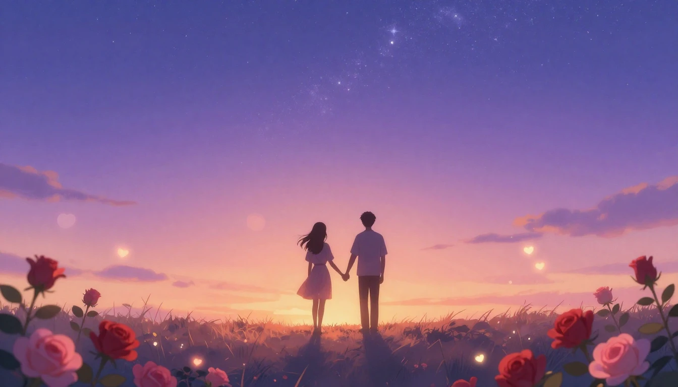 A romantic and dreamy illustration of two silhouettes holdin...