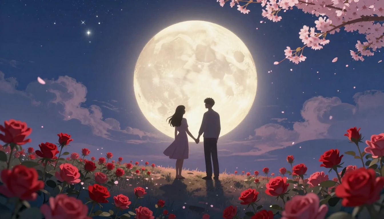 A dreamy and romantic scene featuring two silhouettes of a c...