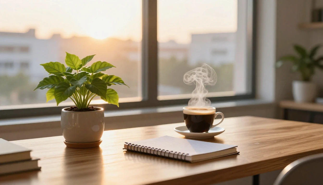 A warm and inviting modern workspace scene. A clean wooden d...