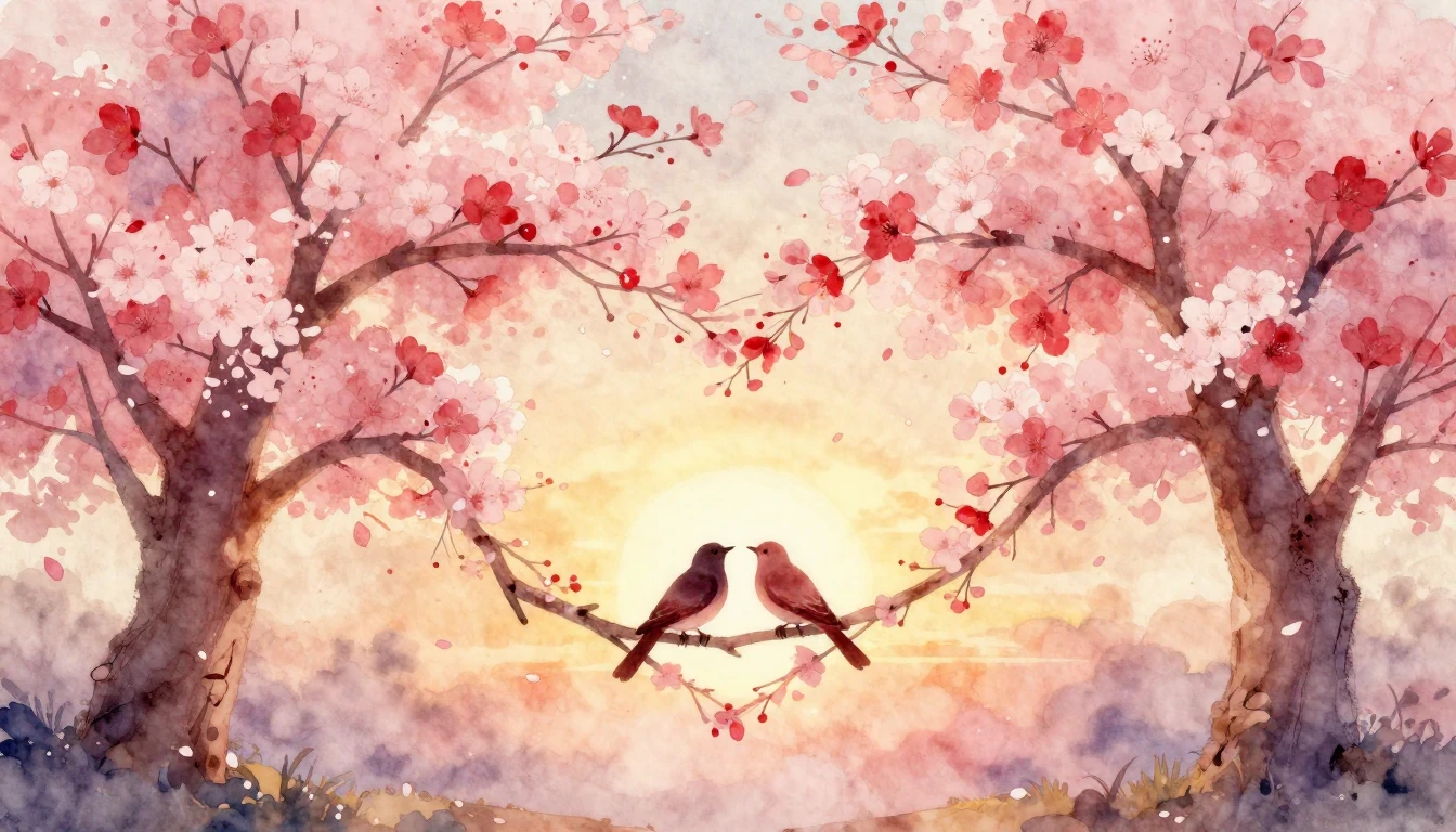 A dreamy and romantic watercolor painting featuring two inte...