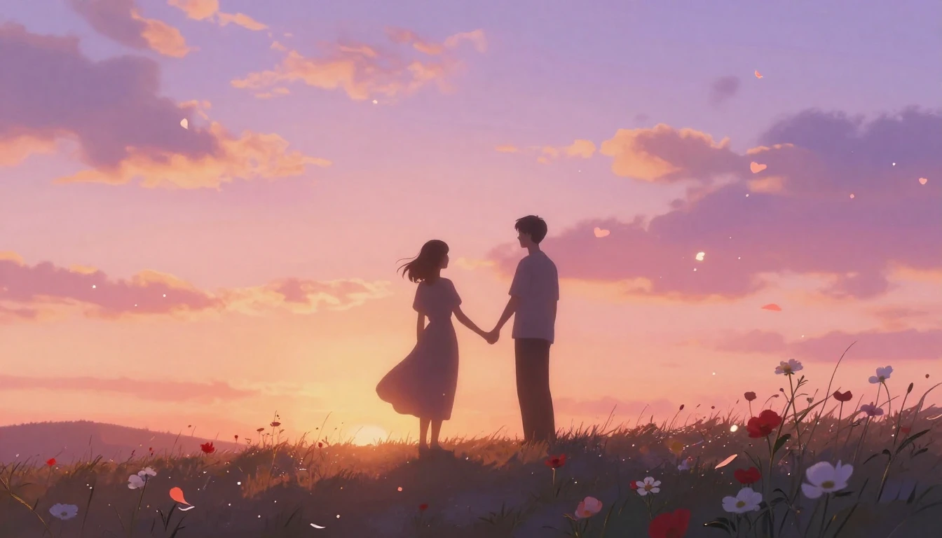 A romantic and ethereal scene featuring two silhouettes of a...