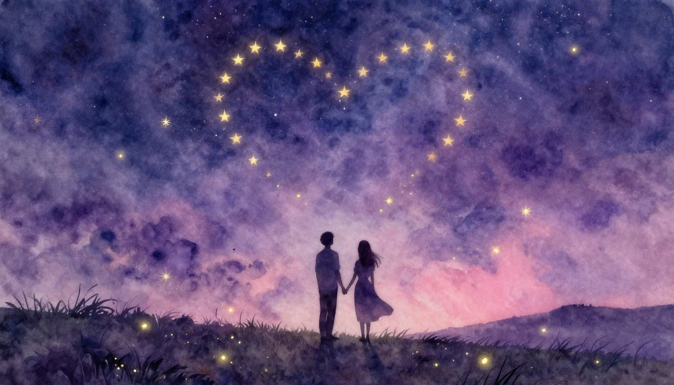 A dreamy and romantic watercolor painting featuring the silh...
