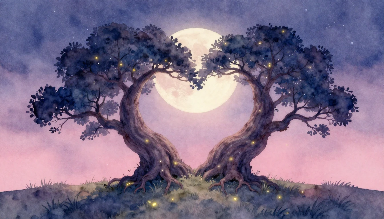 A romantic and soft watercolor painting depicting two large,...