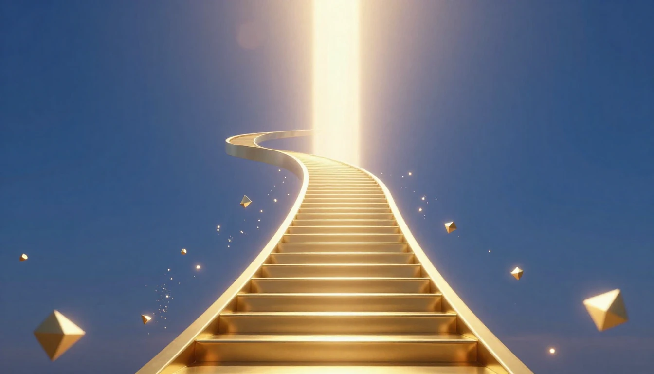 A conceptual digital art piece depicting a golden staircase ...