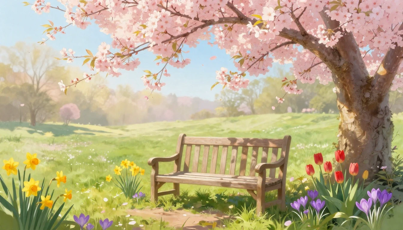 A beautiful, soft spring landscape featuring a cozy wooden g...