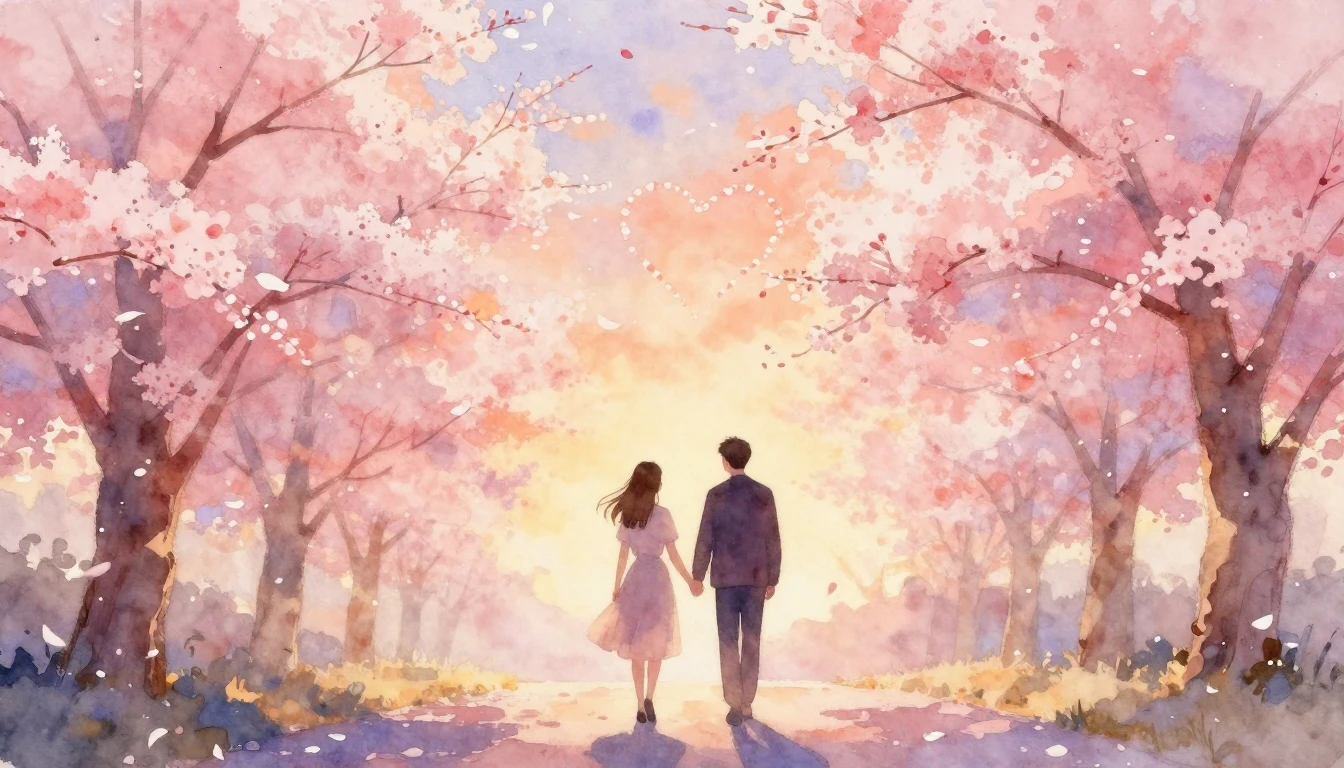 A soft, dreamy watercolor painting depicting a romantic scen...