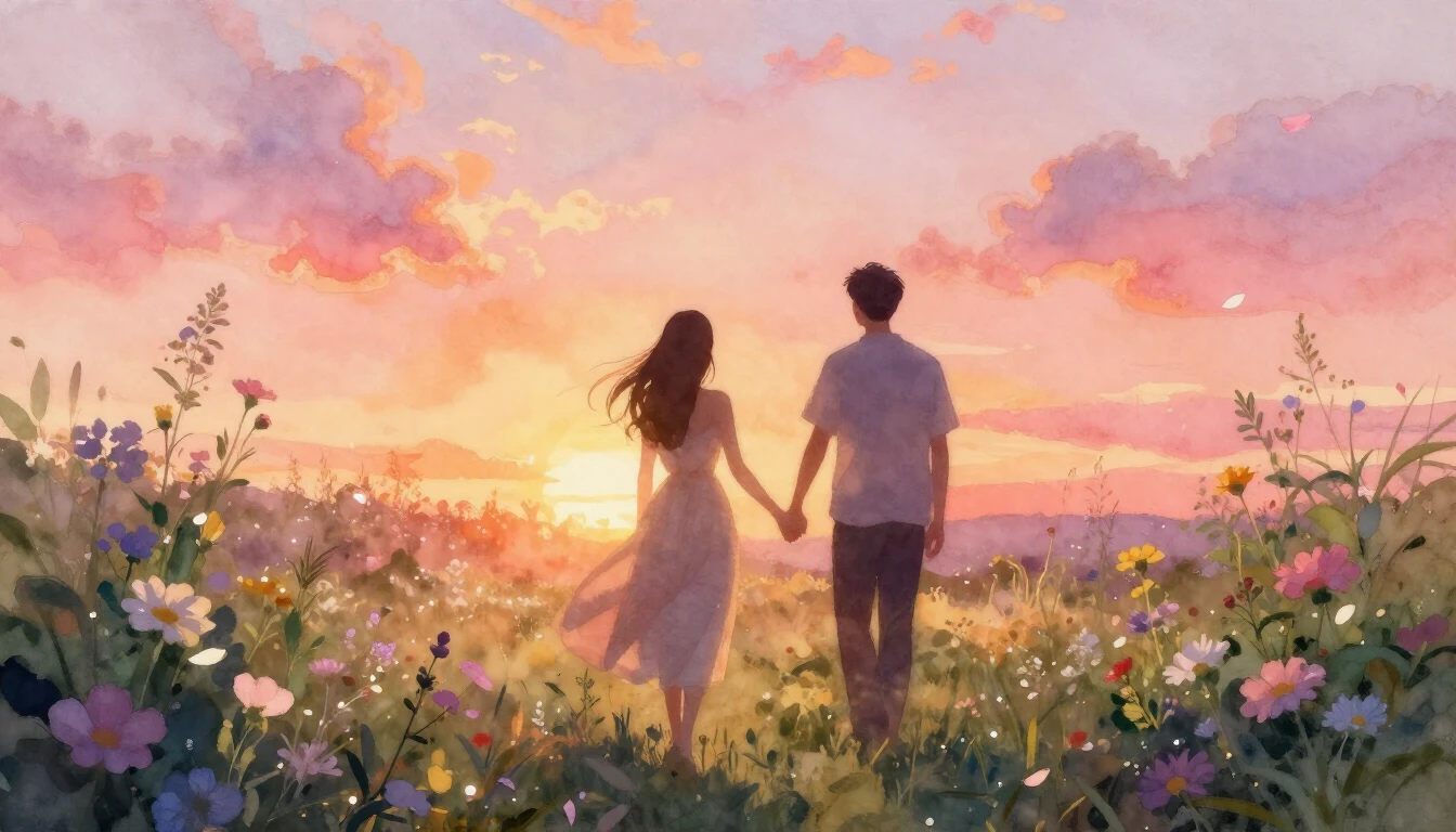 A dreamy and romantic watercolor painting of two silhouettes...