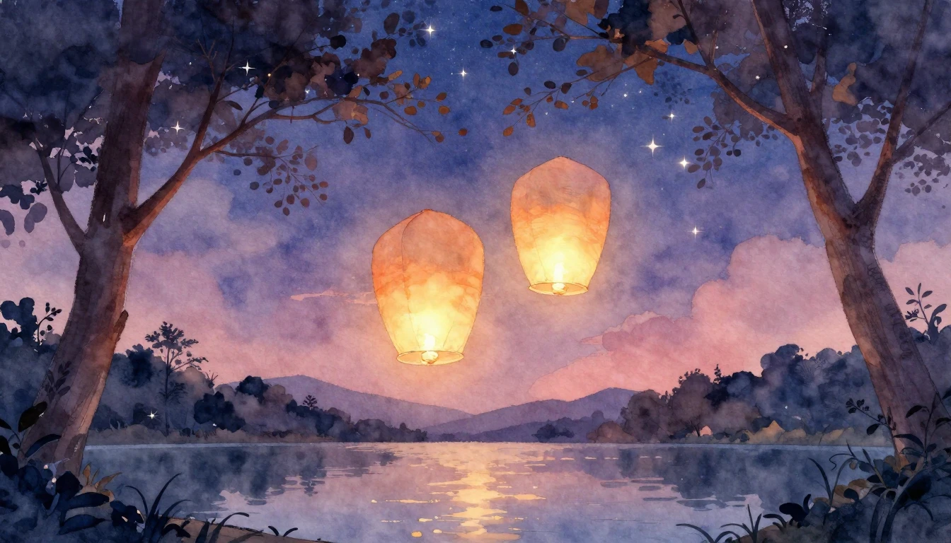 A romantic and dreamlike watercolor scene featuring two glow...