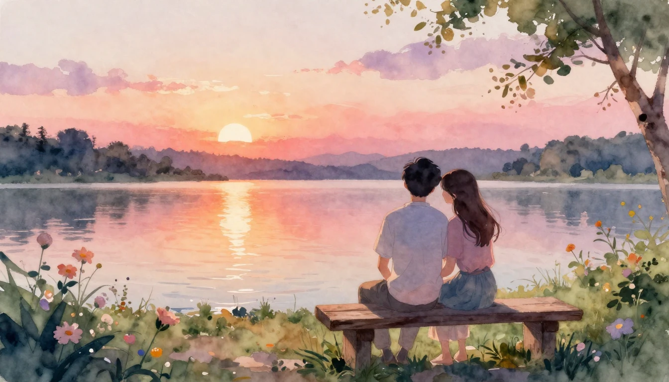 A romantic and ethereal watercolor illustration of a couple ...