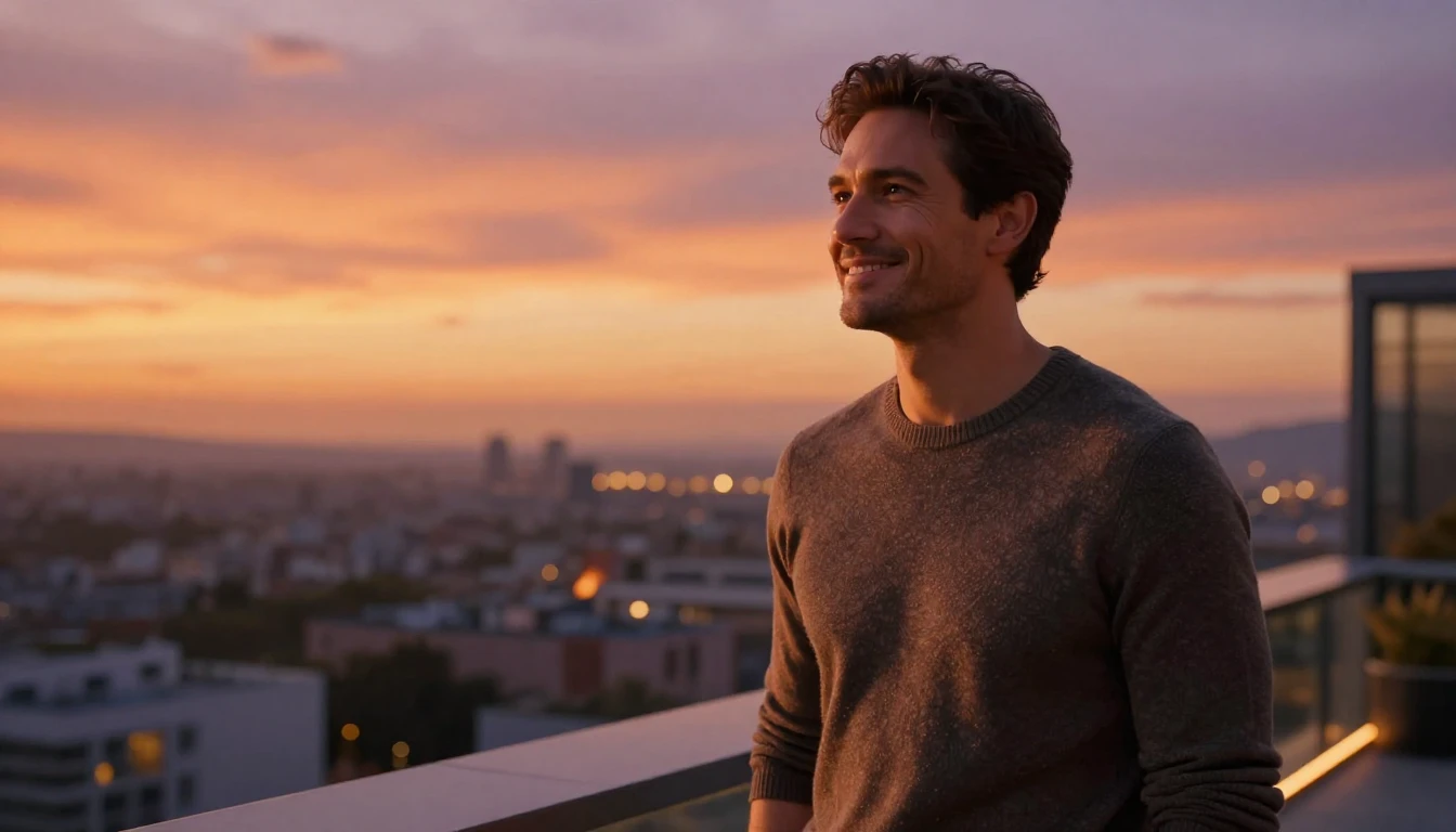 A high-quality cinematic shot of a charismatic man in his ea...