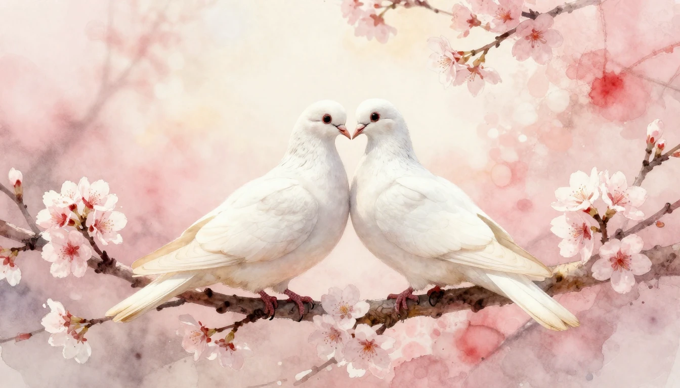 A romantic and ethereal watercolor painting featuring two wh...