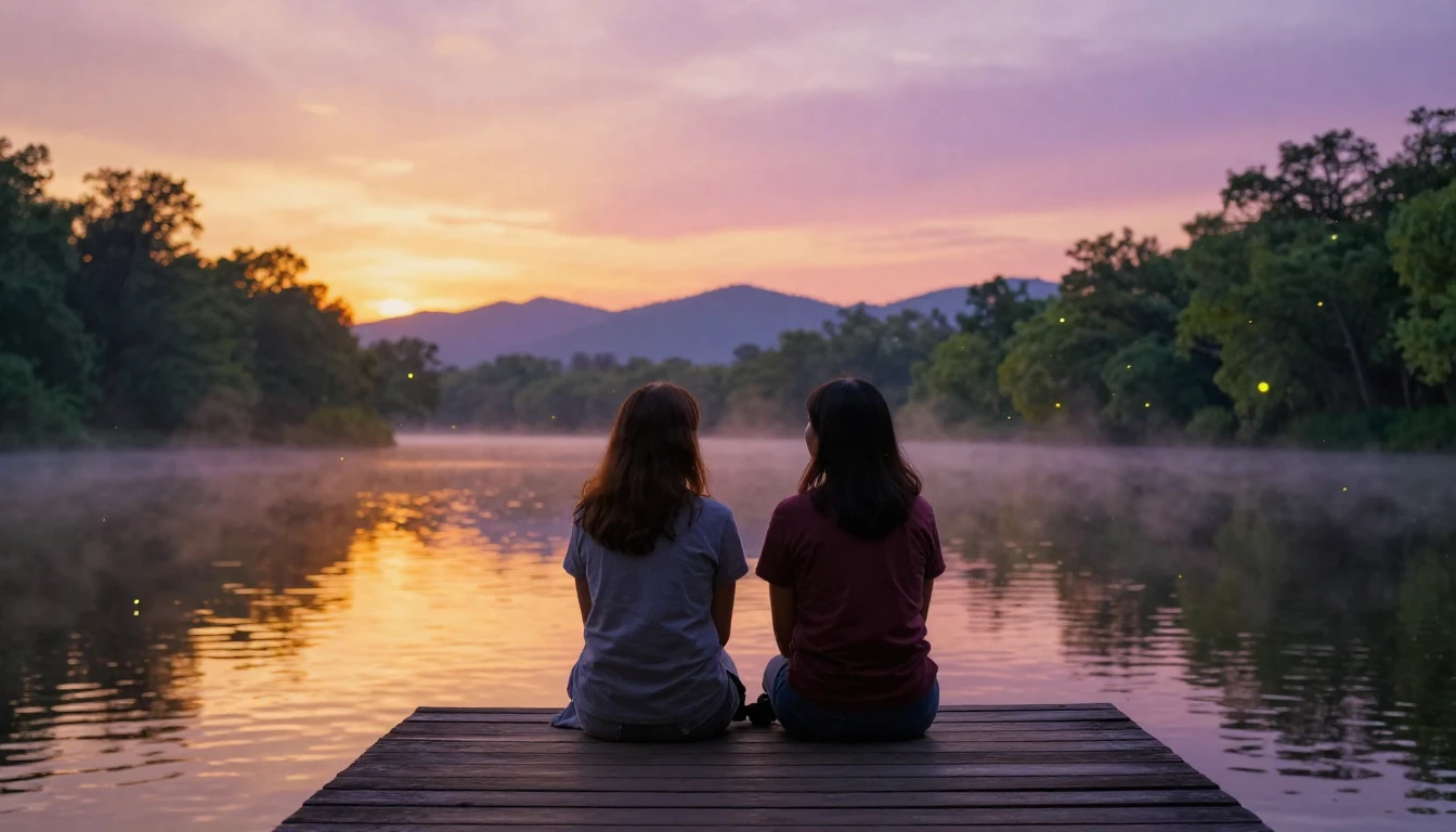 A heartwarming scene of two close friends sitting side-by-si...