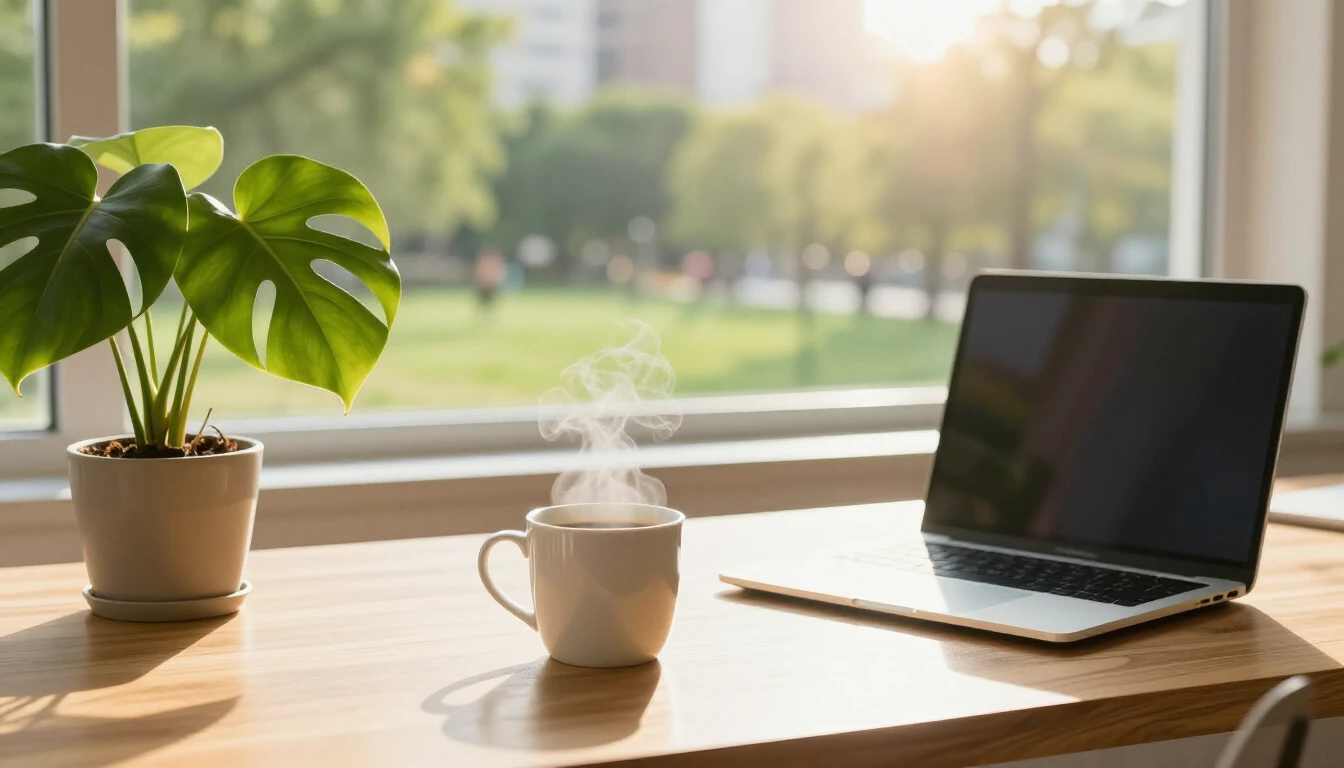 A bright and airy modern workspace filled with soft morning ...