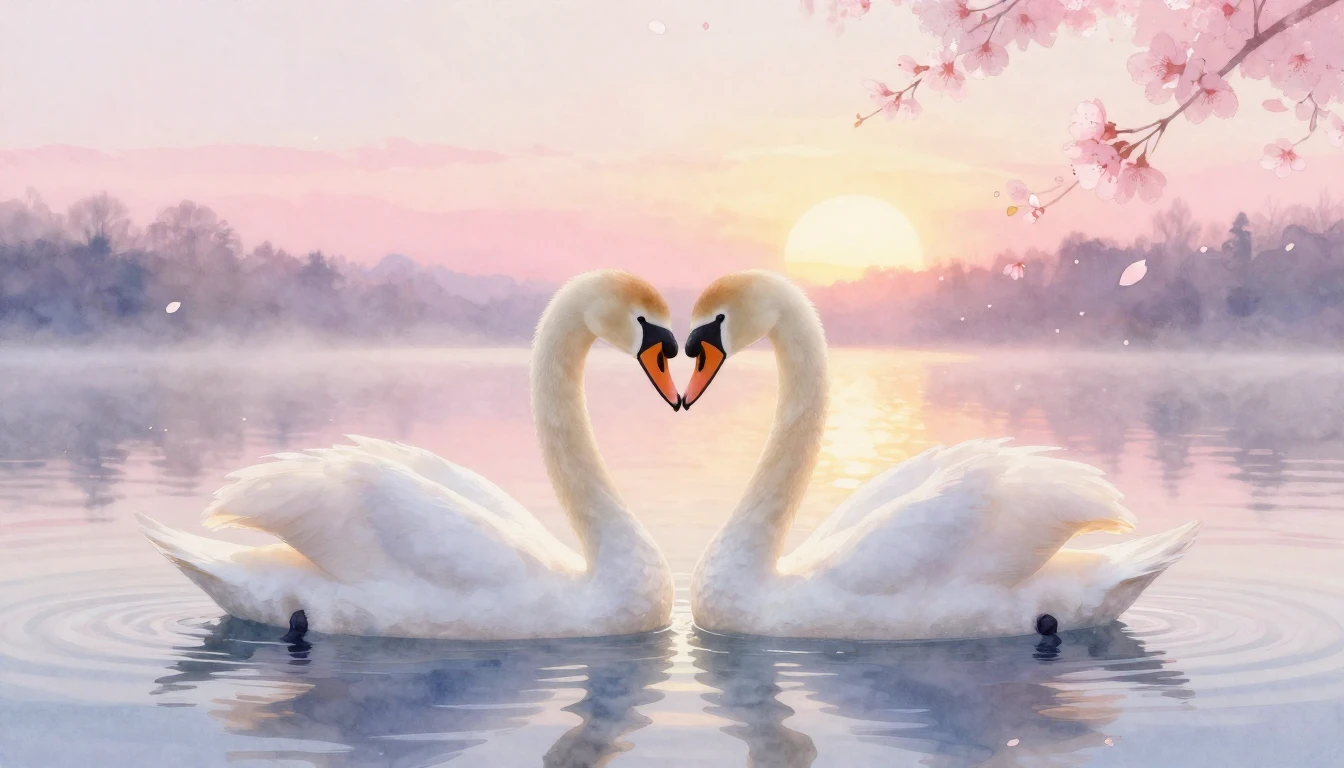 A soft and romantic watercolor painting depicting two white ...