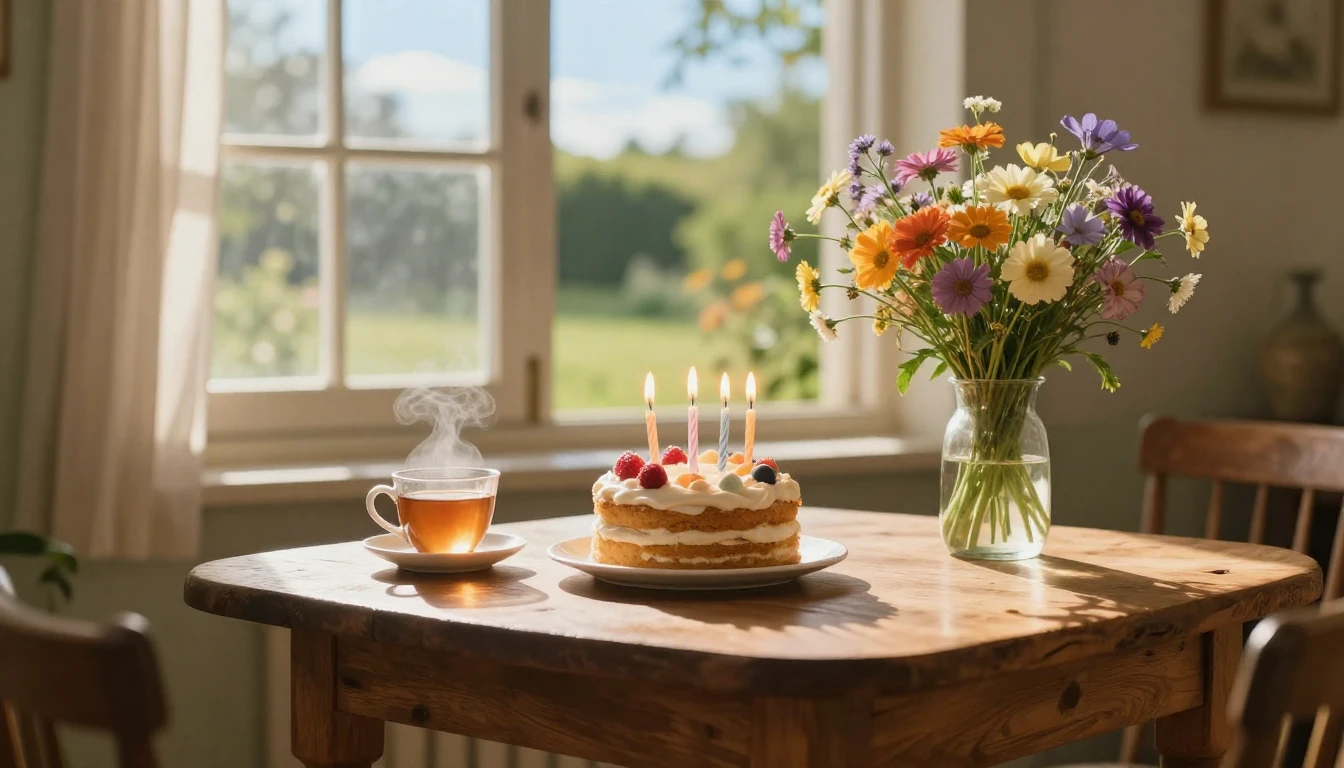 A warm and cozy scene of a small, rustic wooden table placed...