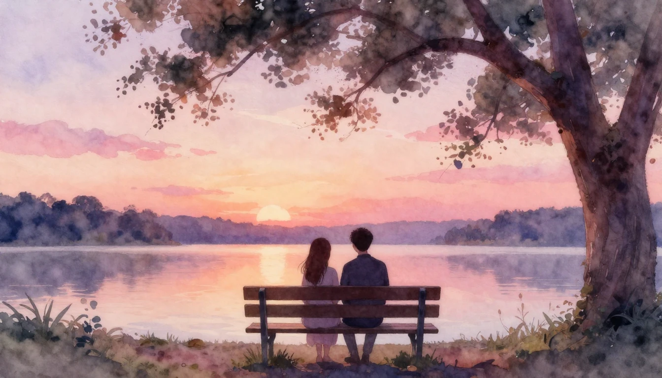 A romantic and soft watercolor painting depicting two silhou...