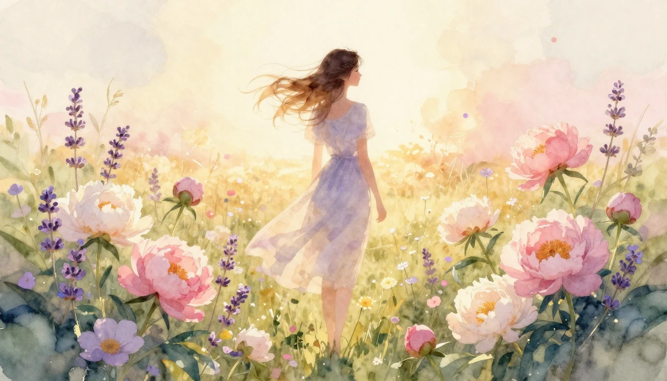 A beautiful and ethereal watercolor painting of a lush wildf...