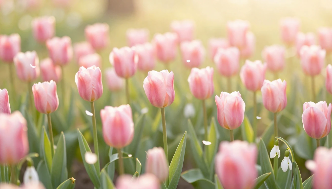 A beautiful spring landscape with blooming pink tulips and d...