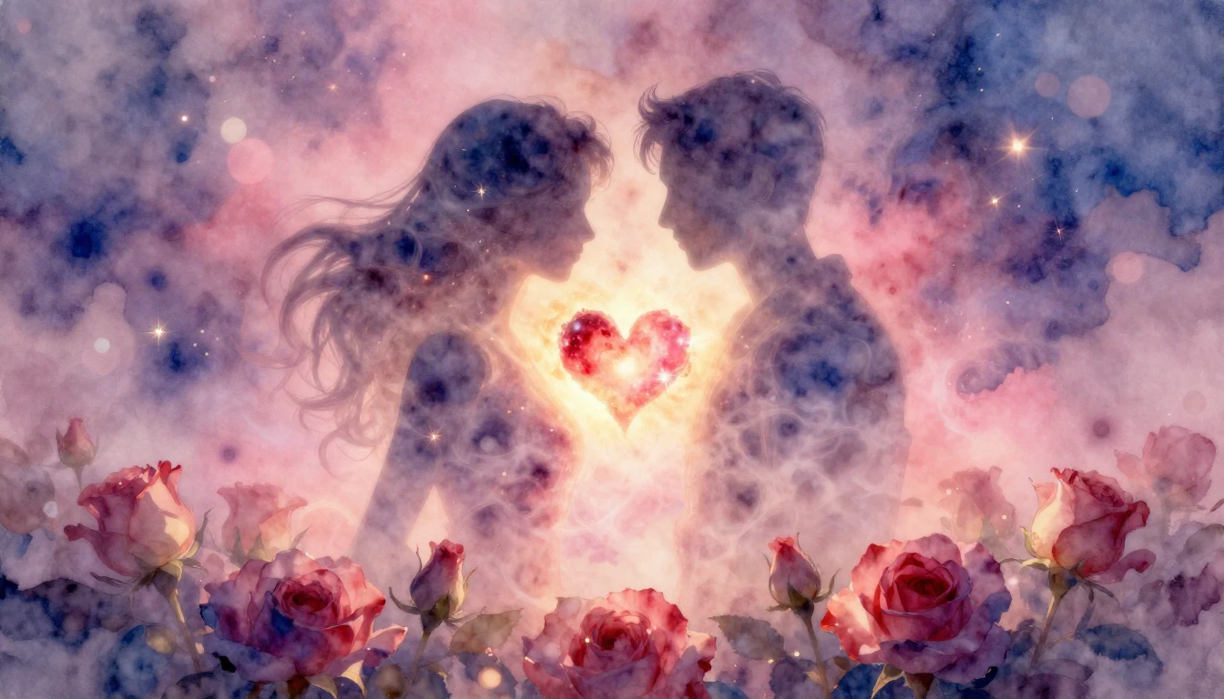 An ethereal and romantic watercolor painting depicting two i...