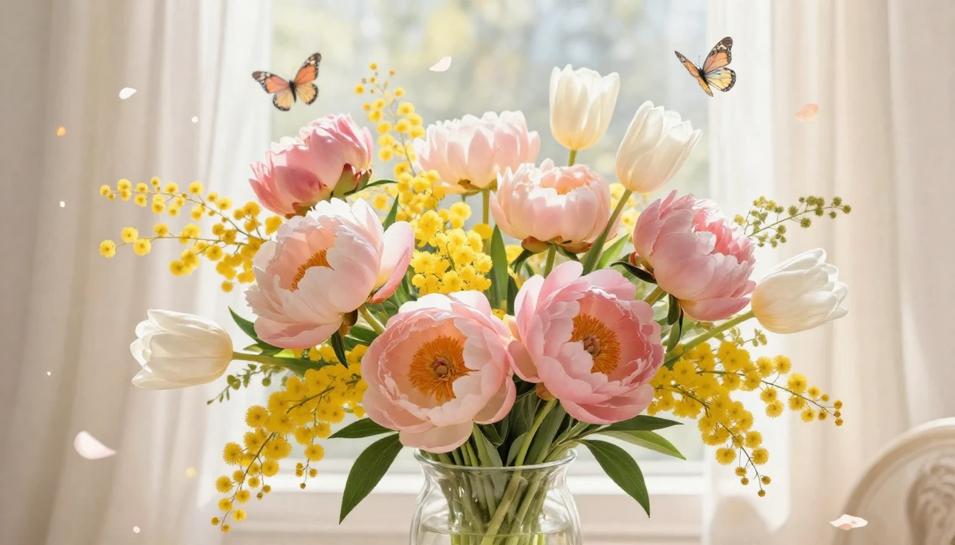 A lush and vibrant bouquet of spring flowers, featuring soft...