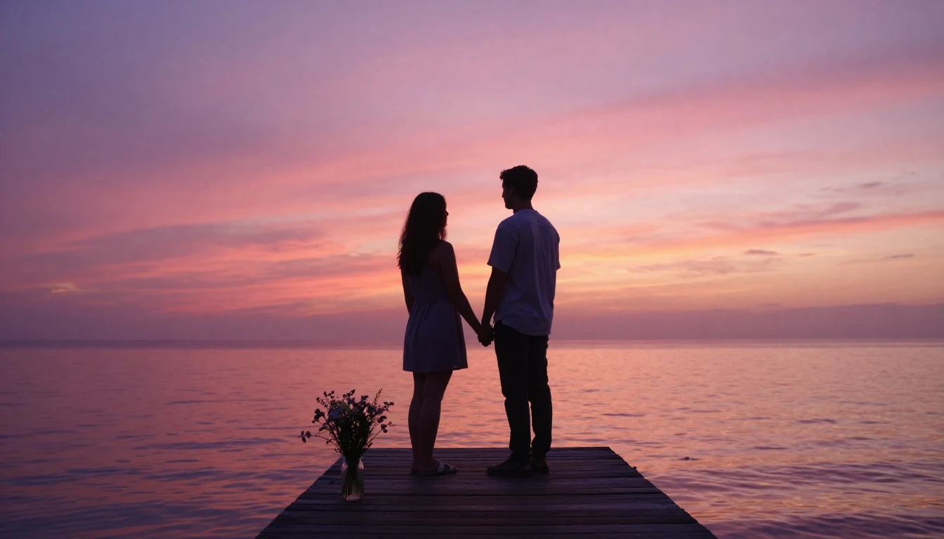 A dreamy and romantic scene featuring two silhouetted figure...