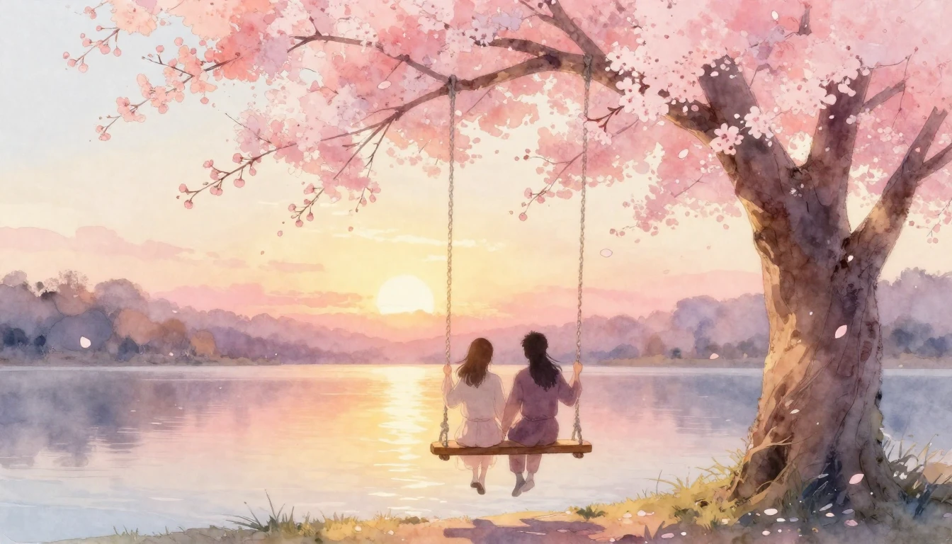A romantic watercolor painting depicting two silhouettes sit...