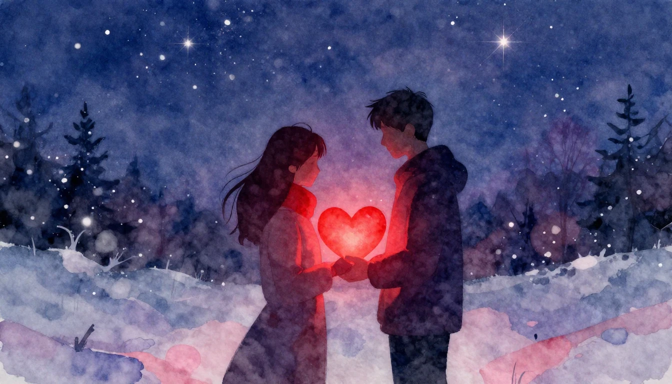 A soft, romantic watercolor painting depicting two silhouett...