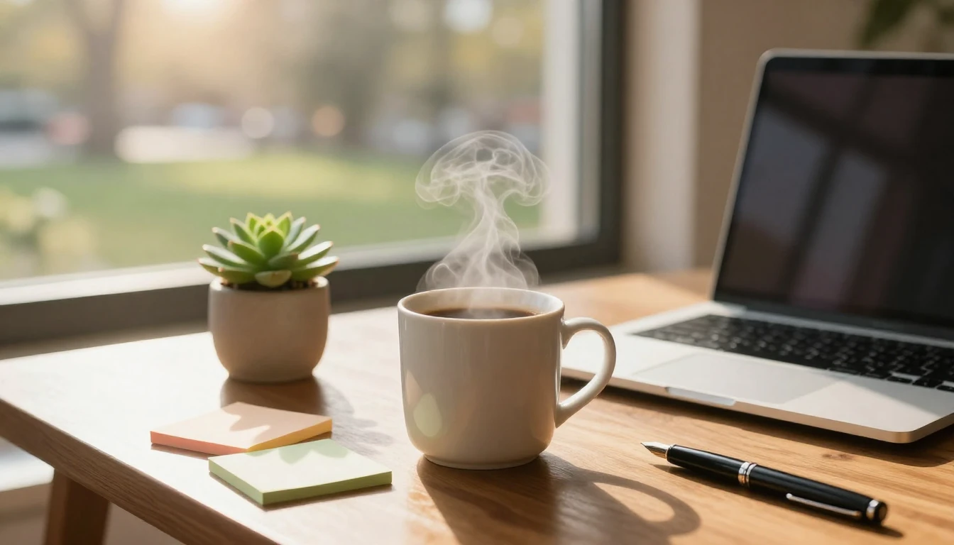 A cozy and modern workspace bathed in warm, golden morning s...