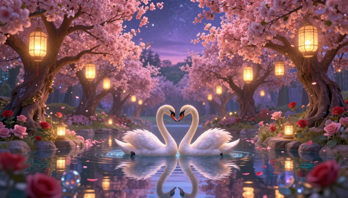 A magical, dreamlike garden at twilight with glowing lantern...