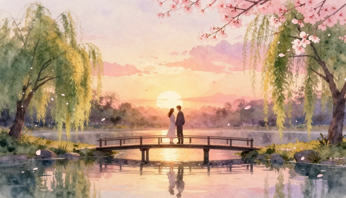 A dreamlike and romantic scene in a soft watercolor style. T...