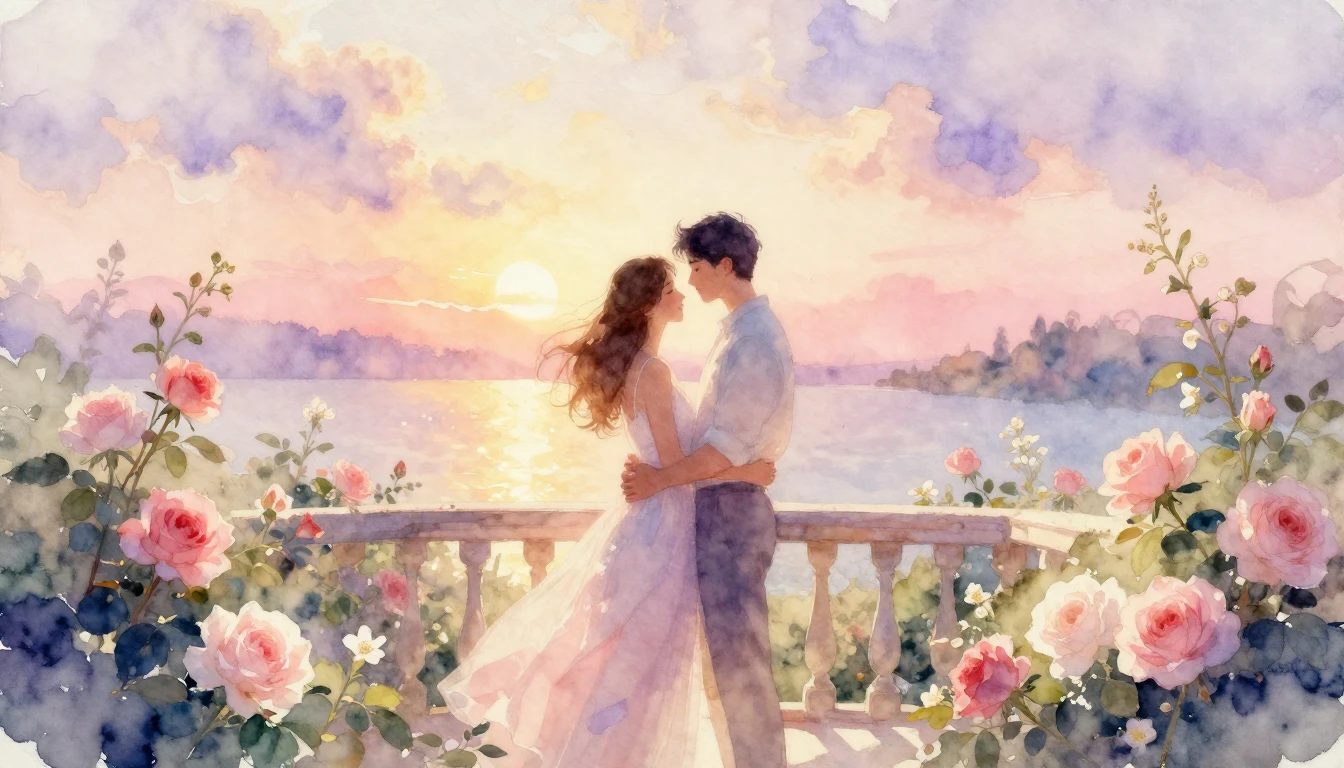 A romantic and ethereal watercolor painting of a loving coup...