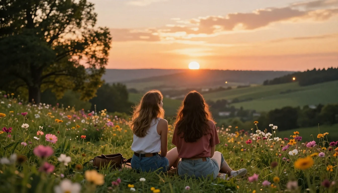 A warm and heartwarming scene of two best friends sitting on...