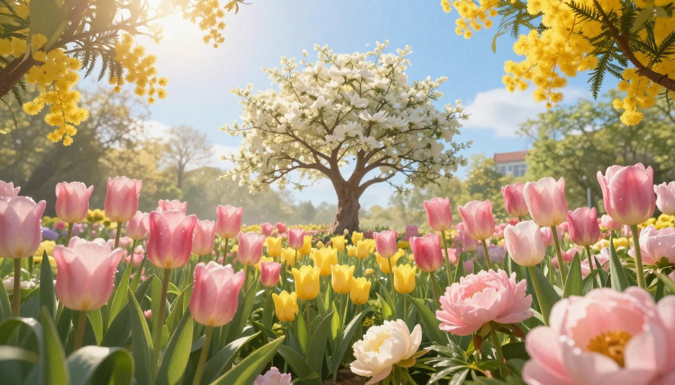 A breathtaking spring garden in full bloom, featuring a rich...
