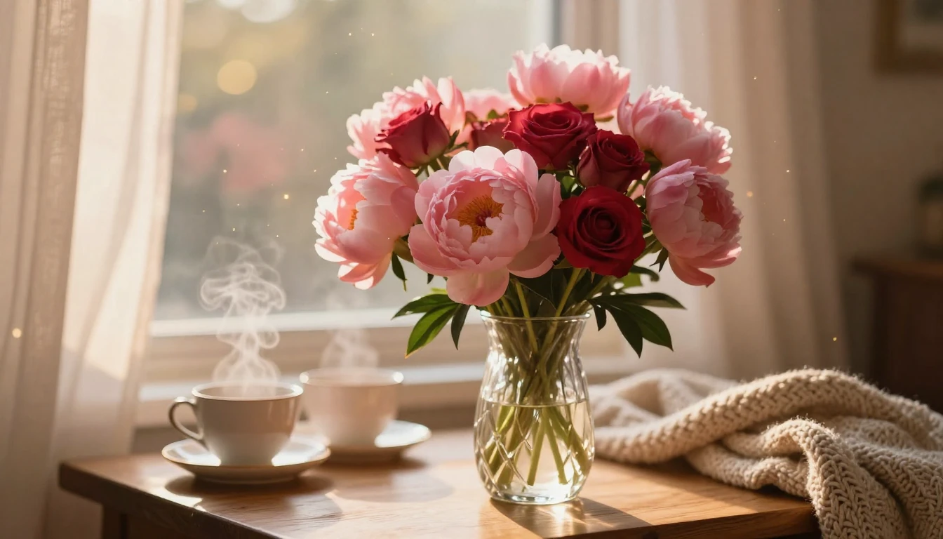 A dreamy and romantic scene featuring a delicate bouquet of ...