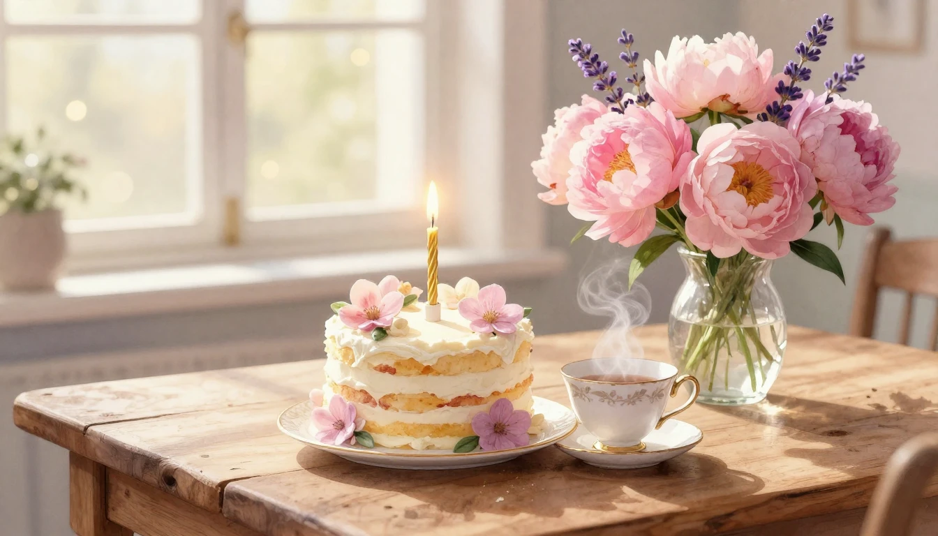 A beautiful and cozy birthday celebration scene on a rustic ...