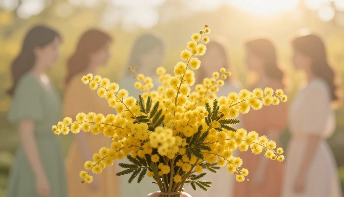 A delicate and vibrant bouquet of bright yellow mimosa flowe...