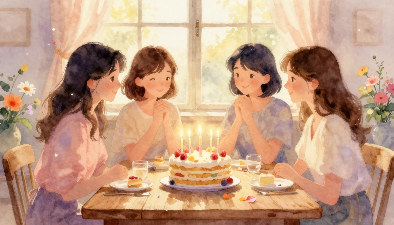 A cozy and warm birthday celebration scene in a soft waterco...