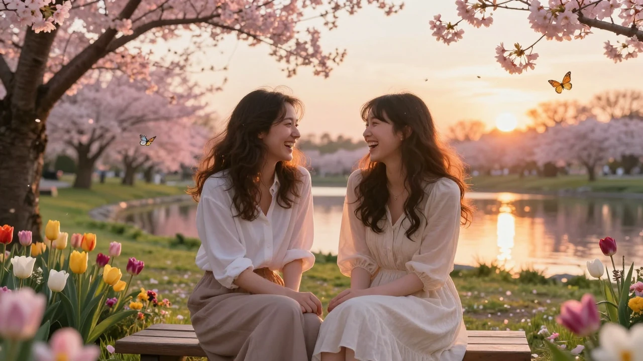 A beautiful and warm scene of two best friends sitting on a ...
