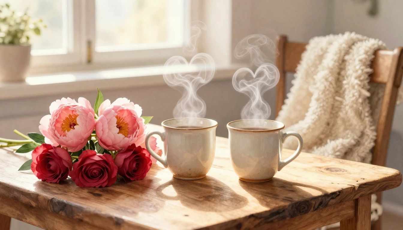 A cozy and romantic indoor scene in a soft watercolor style....