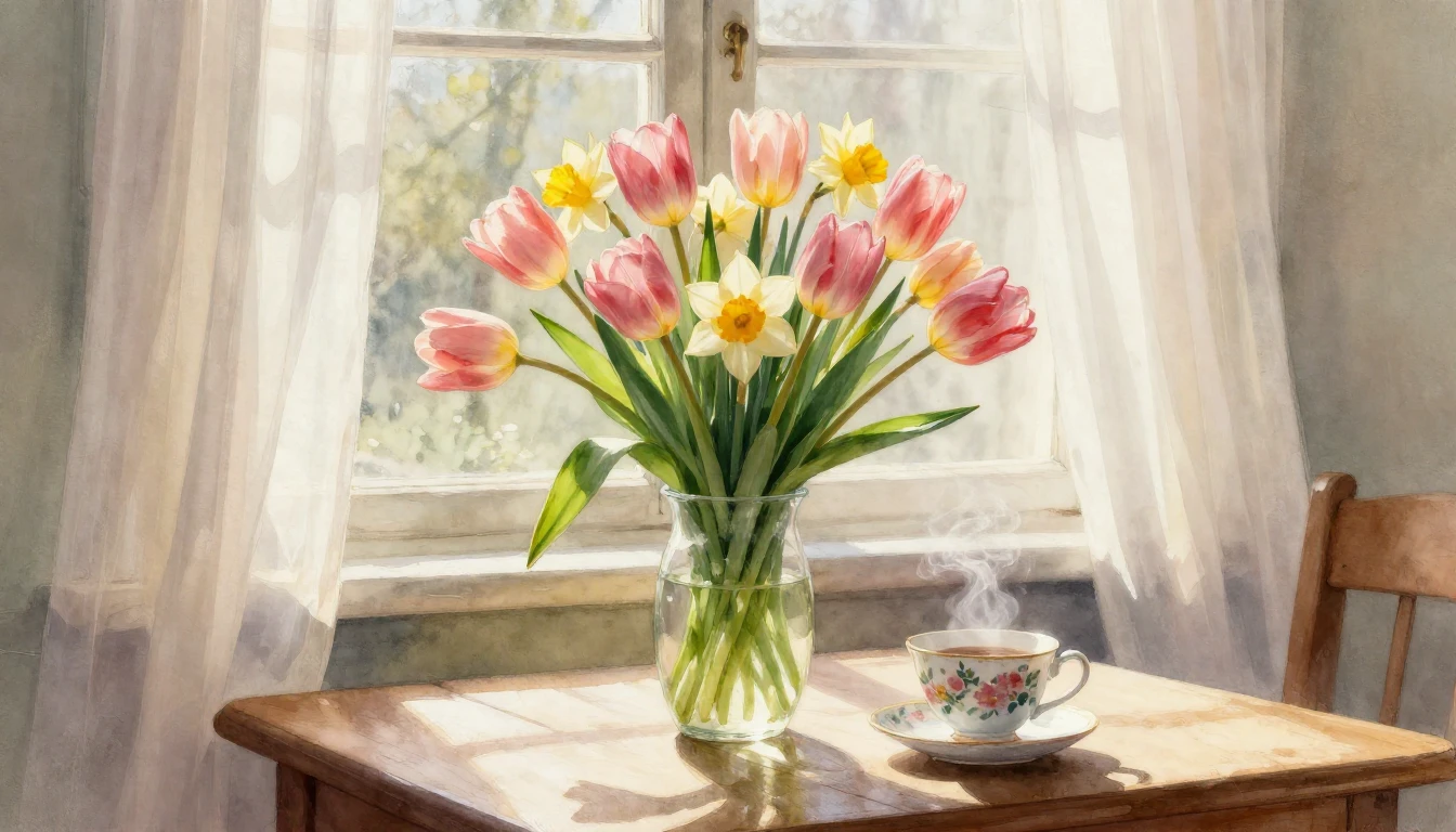 A soft, dreamy watercolor painting featuring a bountiful bou...