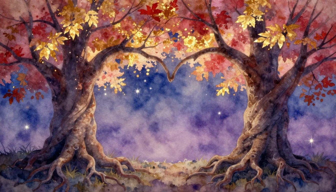 A dreamy and romantic watercolor painting featuring two larg...