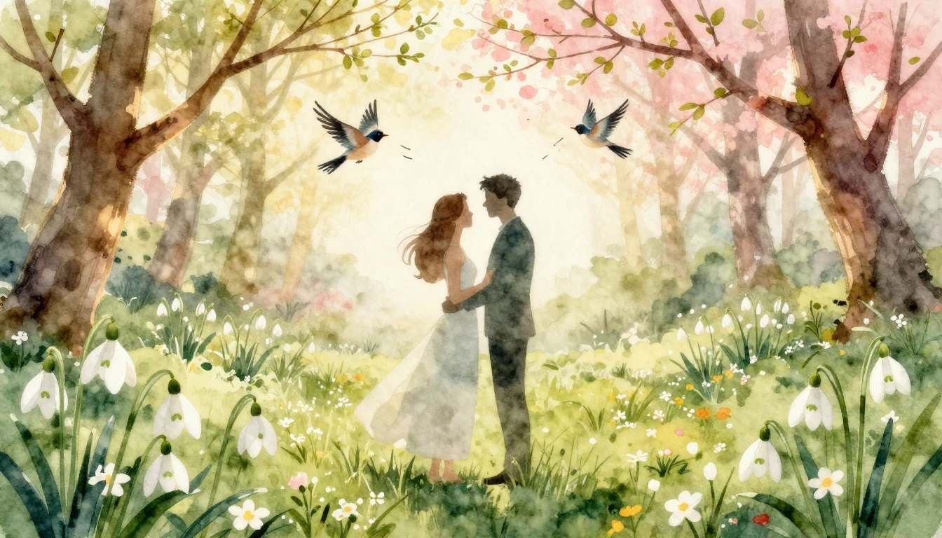 A soft and romantic watercolor illustration depicting a meta...