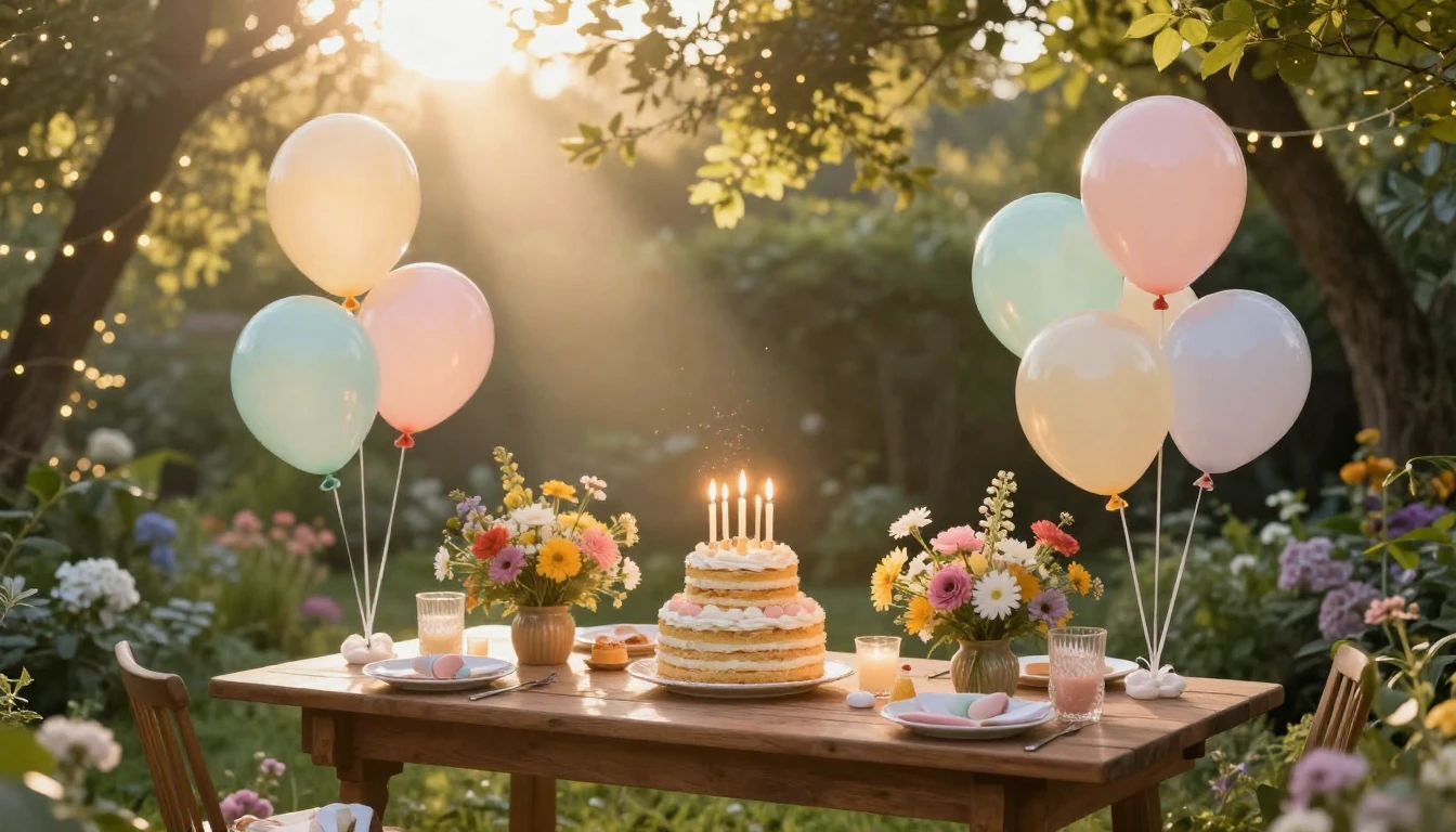 A magical and cozy birthday celebration scene in a sun-drenc...