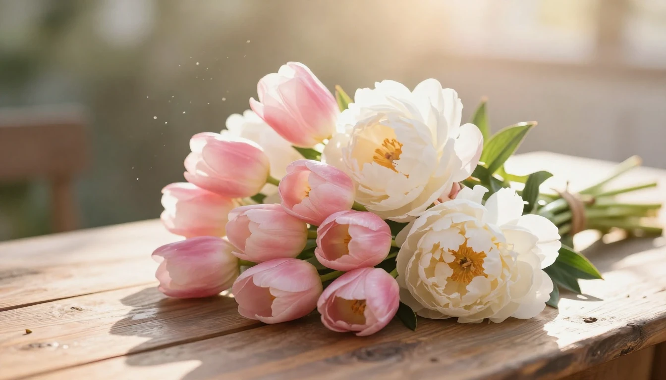 A beautiful and delicate bouquet of blooming spring flowers,...