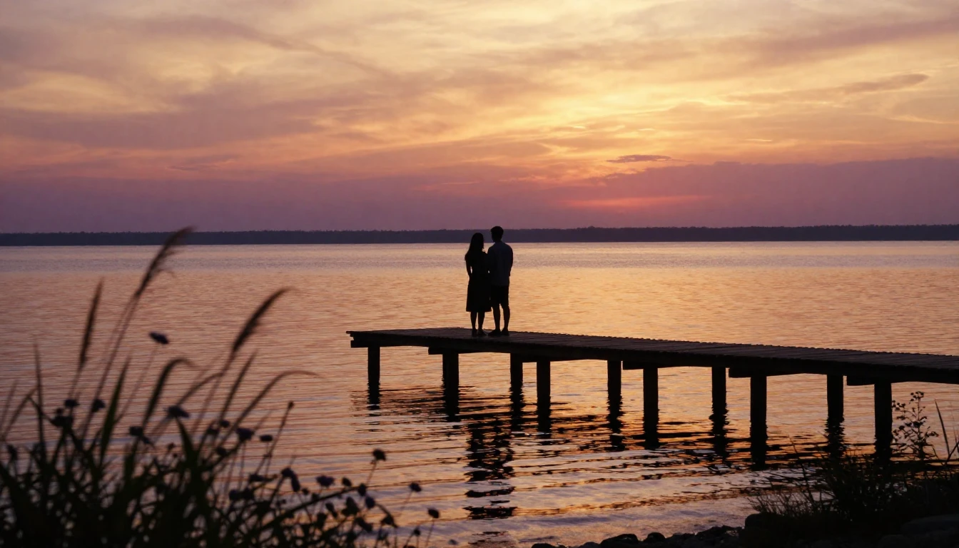 A romantic and serene scene of a couple's silhouettes standi...