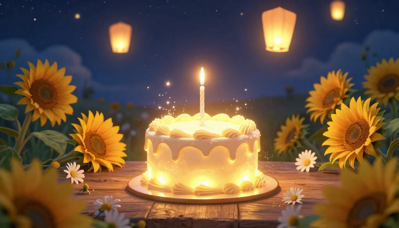 A beautiful, glowing birthday cake resting on a rustic woode...