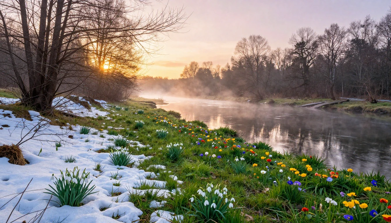 A beautiful landscape transitioning from winter to spring. O...