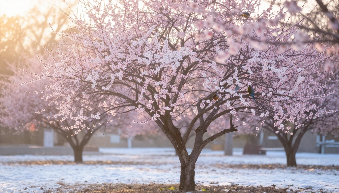 A serene winter garden transitioning into spring. In the cen...